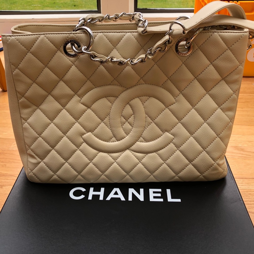 Chanel beige Claire GST silver caviar tote